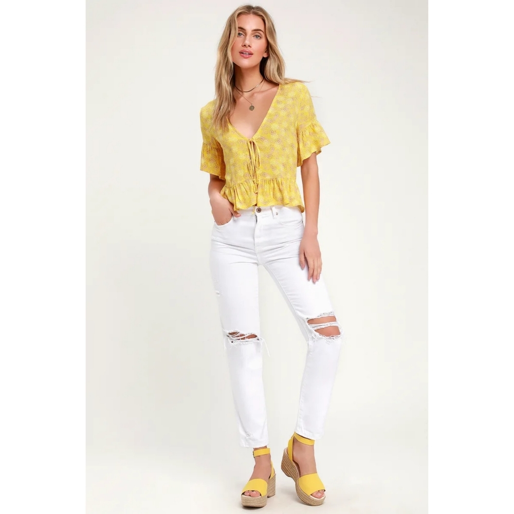 Lulus Breah Floral Print Tie Front Top Yellow Small - Picture 3 of 8